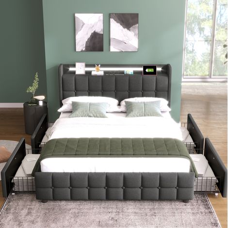 Lit double en bois gris 180x200 cm avec LED, prises USB et 4 tiroirs de rangement (1/5)