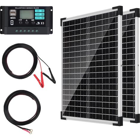 Kit de Panneau Solaire 50 W 12 V : Panneau Solaire Photovoltaïque Monocristallin de 2x25W avec Régulateur de Charge de 10 A, 2 Pièces d'extension et 2 Pinces crocodiles pour Camping, Caravane (1/5)