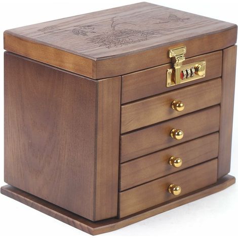 Carved Wooden Jewelry Box with Drawers with Mirror Lock (Dark Brown) (1/5)