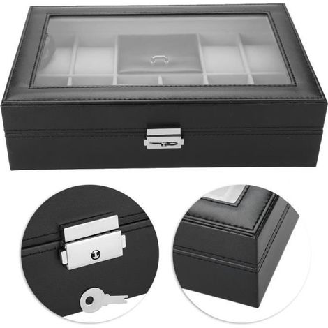 Multifunktionale Schmuckschatulle aus Leder, große, wasserdichte PU-Lederbox mit Schloss für 8 Armbänder, inklusive Präsentationsständer (1/4)