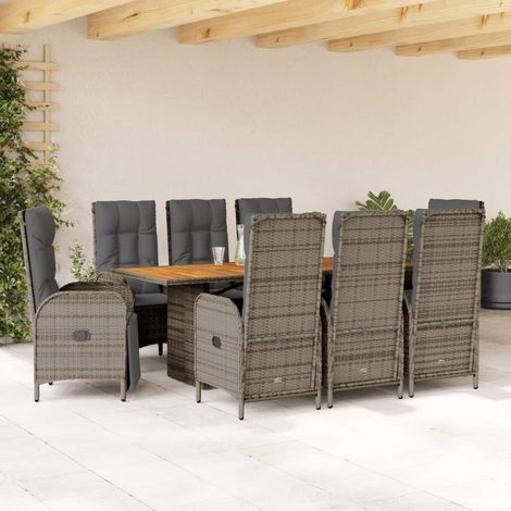 vidaXL Gartenstuhl - 9-tlg. Garten-Essgruppe mit Kissen Grau Poly Rattan (1/5)