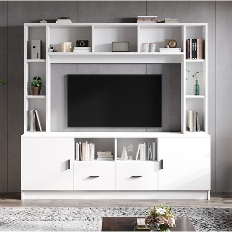 Conjunto de mueble TV 180x35x170 cm blanco en tablero de partículas con vitrinas, estantes, 2 cajones y 11 compartimentos (1/5)