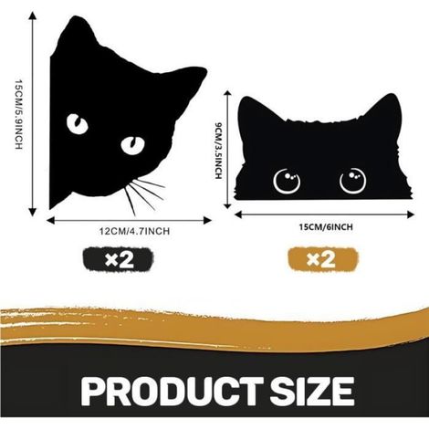 4 Pièces Autocollants Voiture Chat Peeking, Sticker Auto-Adhésif Chat Noir, Drle étanche Autocollants Réfléchissants (1/4)