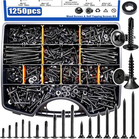 1250CS 6,8,10,Kit d'assortiment de vis en bois, 410 vis en acier inoxydable pour métal, Phillips Drive tête plate vis en bois noir/assortiment de vis de forage automatique 18 taille(2-1/2'' à 1/2'')