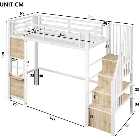 Lit mezzanine 90x200 cm, cadre en fer blanc, échelle avec rangement, espace de stockage ouvert sous le lit, design fenêtre, garde-corps de sécurité, sans matelas. (1/5)