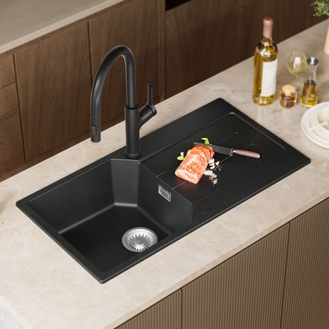Anycee Max Granitspüle 86 x 45 cm Küchenspüle Granit, mit Abtropffläche & geräuscharmen Eigenschaften, Anthrazit
