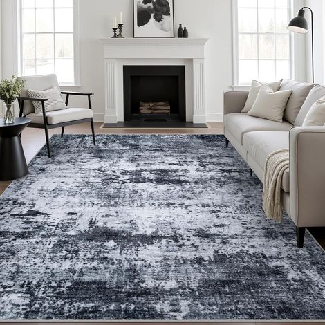 Tapis vintage noir et gris 160 x 230 cm – Motif abstrait effet usé – Décoration de sol pour salon, chambre et intérieur (1/5)
