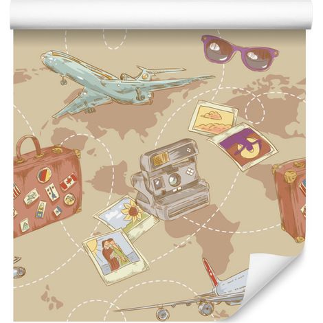 Papel pintado de aviones frente a mapas del mundo para salón y dormitorio, 50x1000 cm. (1/5)