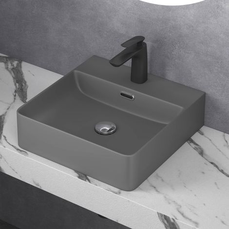 doporro Lavabo da Appoggio o Sospeso Lavandino Bagno Rettangolare con Foro per Rubinetto e Troppopieno 42 cm in Ceramica Antracite Opaco - Meissen201