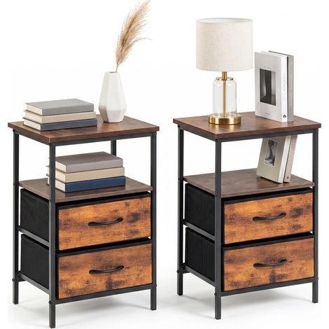 Lot de 2 Tables de Chevet Industrielles avec Tiroir et Étagère, Table de Nuit Rangement, Bout de Canapé, pour Chambre ou Salon, 40 x 30 x 60cm (1/4)