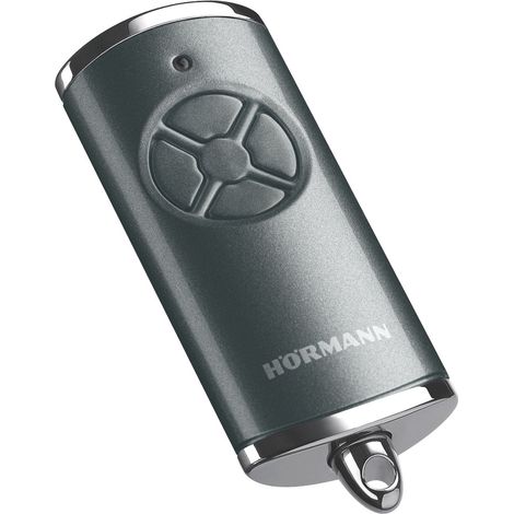Telecomando Hörmann HSE 4 BS (frequenza 868 MHz, grigio ghiaccio lucido, azionamento della porta del garage con coperture cromate, batterie incluse, dimensioni 28x70x14 mm, portachiavi incluso) 451156