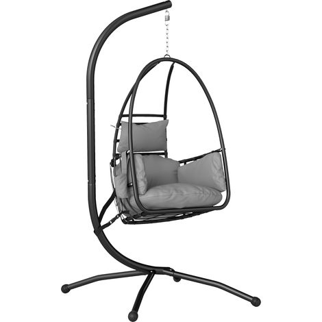 Outsunny silla colgante huevo con soporte, columpio de jardín con cesta plegable, reposacabezas, cojín, bolsillo, exterior, carga 120 kg, gris oscuro