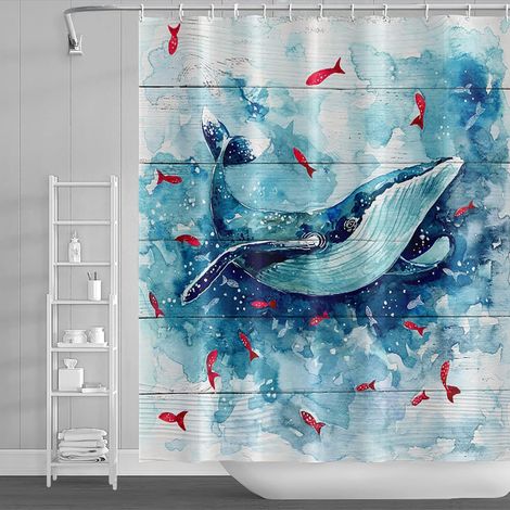 175x190 centimètre Baleine Bleue Rideau de Douche pour Les Enfants Monde océanique Mignon Rouge Poisson Hilarant Animal Vague de mer Planche de Bois Rideau de Bain pour Bain avec Crochets (1/5)