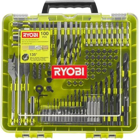 Ryobi – Kit de 100 embouts hexagonaux 1/4' – Pour perçage bois, métal, plastique – Inclus : mèches HSS, tourne-écrous, coffret plastique - RAKDD100