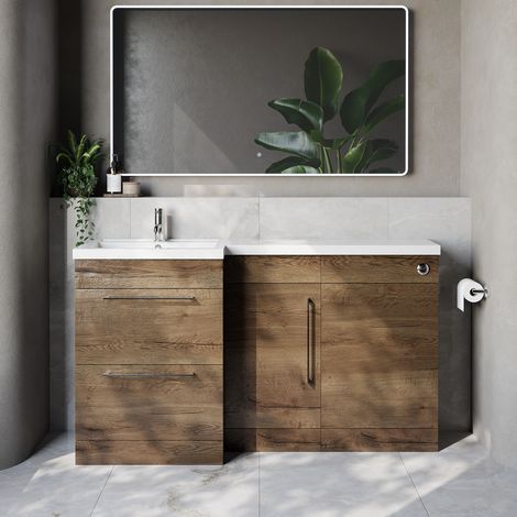 Napoli 390 Tobacco Oak 1500mm 2 Drawer Vanity Unit Toilet Suite with Left Hand Square Lucia Basin - 1500mm - Chrome 320mm HandleWithout Kingston Toilet Pan