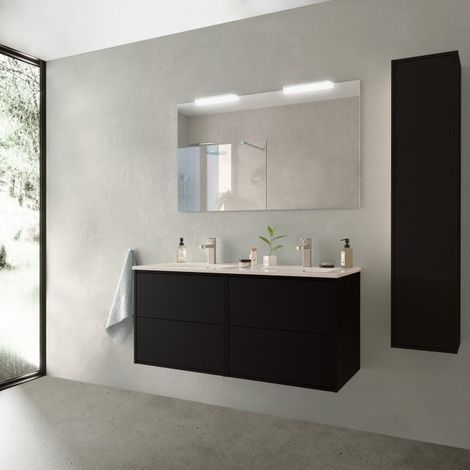 Mobile bagno sospeso 120 cm 4 cassetti in legno nero opaco con lavabo in porcellana - Olympus - 120 cm Con Specchio Doppia colonna e Doppia lampada LED - Misura: 120 cm - Accessorio: Standard (1/4)