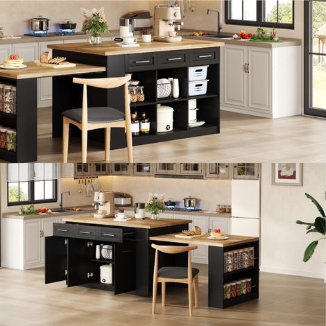Îlot de cuisine multifonctionnel (150 x 96 cm) avec table à manger extensible noire, plan de travail/table en stratifié imitation bois et rangements intégrés. Idéal pour les cuisines familiales et les (1/5)