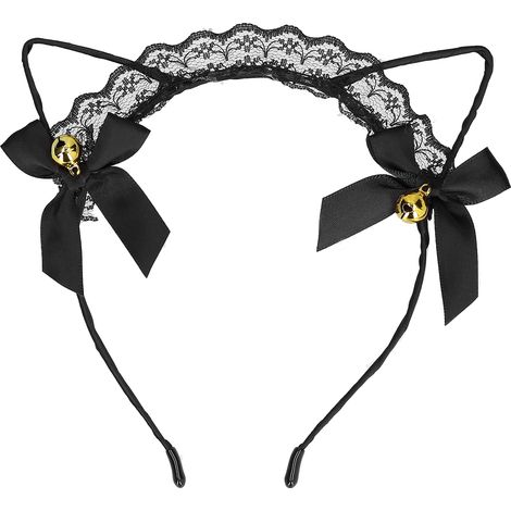 Serre-tête oreilles de chat ajourées avec grelot pour déguisement fête quotidien femme noir (1/5)