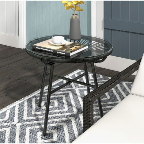 Mesa auxiliar de jardín de PE ratán negro, cuadrada, tablero de vidrio templado, estilo boho (1/5)
