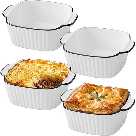 4 Pièces Mini Plats à Gratin Carrés Céramique avec Poignées, Blanc (1/5)