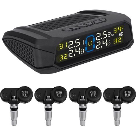 TPMS sans fil solaire avec écran LCD, 6 modes alarme, 4 capteurs internes, pour voiture SUV MPV (1/5)