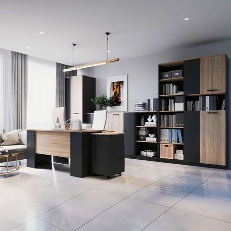 Pack Muebles de Oficina Nibis Estilo Industrial con Escritorio, Aparador, Cajonera y Estanterías Color Roble Sonoma y Gris Antracita (1/5)