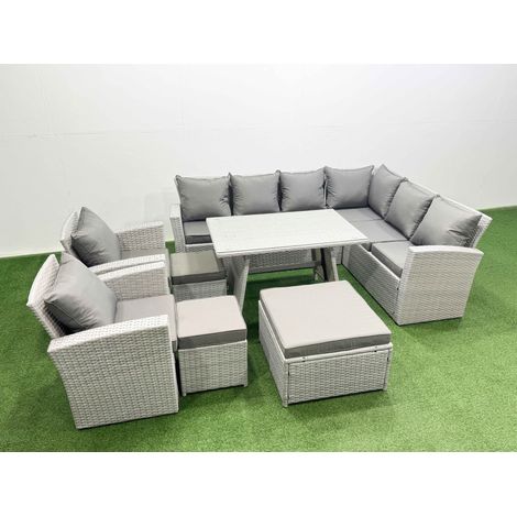 Fimous 11 Seater Garden Outdoor Rattan Furniture Set Rattan Corner Sofa Oblong Dining Table with 2 Armchairs 3 Footstools Light Grey Mixed (1/4)