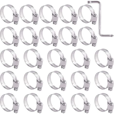 Lot de 25 colliers de serrage 16-25 mm 100 % acier inoxydable 304 réglable avec clé de serrage pour tuyau de carburant Parfait pour la plomberie, l'automobile (16-25 mm) (1/5)