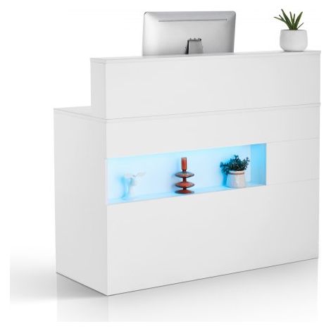 Comptoir de Réception 120x47,5x100 cm, Banque d'Accueil Rectangulaire, Meuble de Réception avec Lumière LED, 2 Tiroirs et Prises de Courant, pour Caisse, Hall, Salon de Beauté et Bureau, Blanc (1/3)
