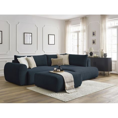 BOBOCHIC - Canapé d'angle L convertible coffre LUCIEN gros côtelé doux avec pouf Angle droit  Bleu foncé (1/5)