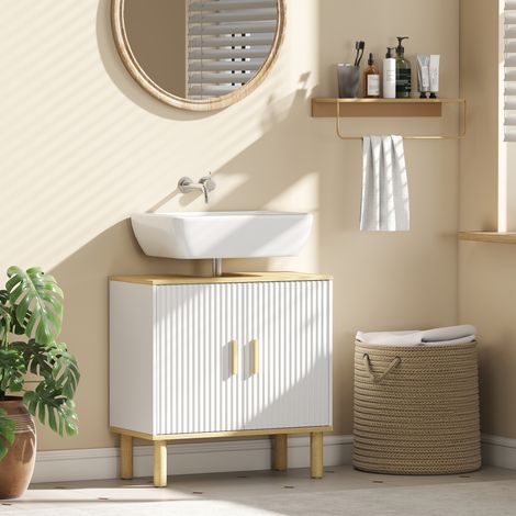 Meuble lavabo salle de bain blanc 60x30x61 cm, avec 2 tiroirs et tablette réglable, meuble de rangement pour vasque (1/5)