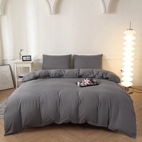 Parure de lit (housse de couette et 2 taies d'oreiller) 48 x 74 cm - Parure de lit 180 x 220 cm - Housse de couette en microfibre douce brossée, gris foncé (1/4)