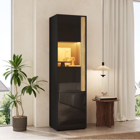 MODFU – Meuble vitrine haut 50x40x179 cm – LED réglable et 2 portes – Acrylique et anti-basculement – Séjour – Noir/naturel (1/5)