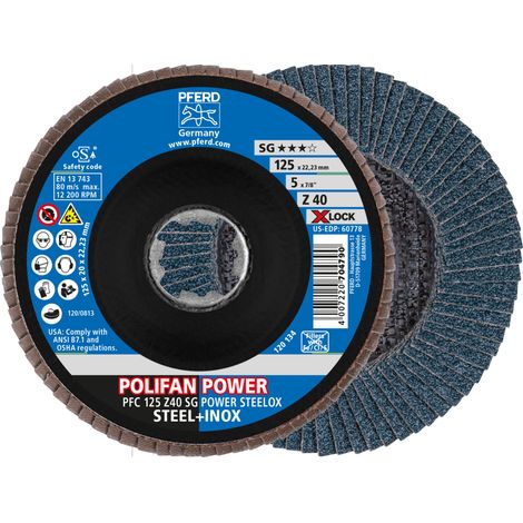 PFERD TOOLS POLIFAN POWER Fächerscheibe PFC 125 mm X-LOCK konisch Z40 SG STEELOX Stahl/Edelstahl 10 Stk (1/5)