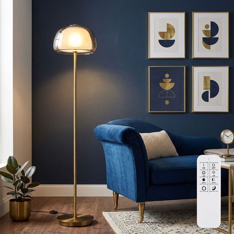 Lampadaire, lampe sur pied, lampe de bureau, métal, doré, verre ambré, LED à intensité variable, H 150 cm (1/5)