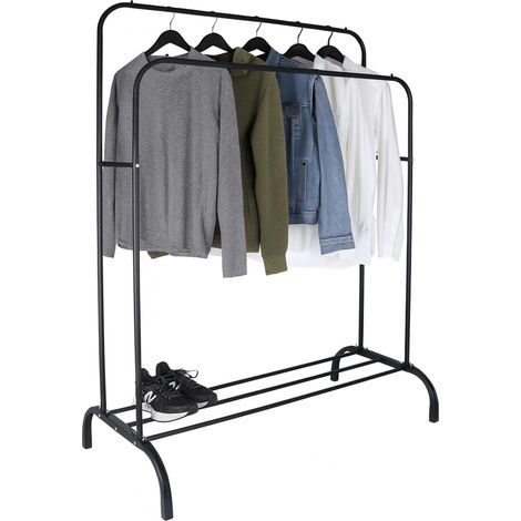 Porte-Manteau, H x L x P : 148 x 110 x 55 cm, avec étagère et 2 Barres, métal, Double penderie, Noir (1/5)