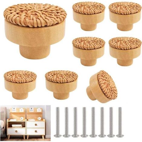8 Pièces Bouton Cuisine De Placard En Rotin Poignée De Meuble Cuisine Boutons De Porte Meuble Tiroir Placard, Tiroir Enbois Ronds Pour Cusine Chambre Commode Placard Porte Remplacement MINKUROW (1/4)