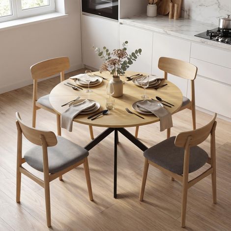 Tavolo da pranzo rotondo per 4 persone, tavolo da cucina in stile industriale con gambe in acciaio, per sala da pranzo, cucina, rovere