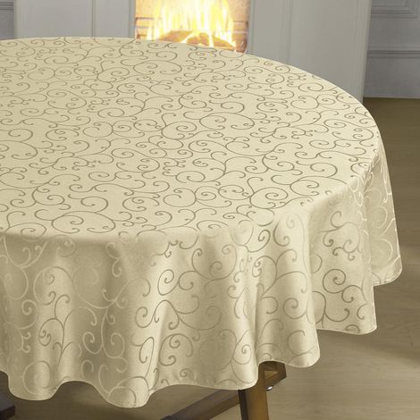 Runde Tischdecke 240 cm Beige Abwaschbar Jacquard Ranken für Outdoor & Indoor