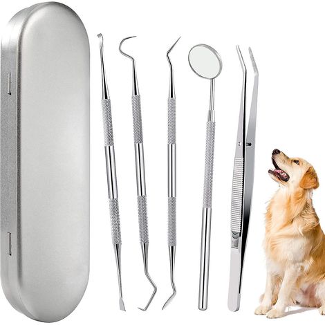 Zahnsteinentfernungsset für Hunde, Mundwerkzeug aus Edelstahl, Zahnreinigungswerkzeug für Haustiere mit Etui, 5-teilig (1/5)