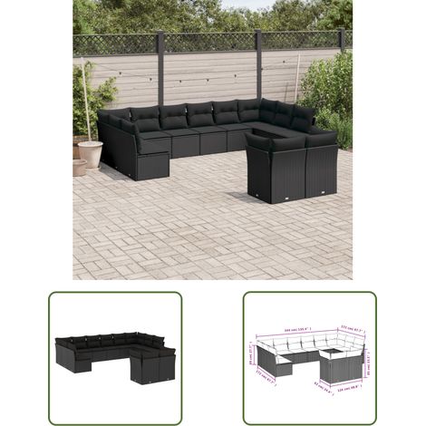 The Living Store 12-tlg. Garten-Sofagarnitur mit Kissen Schwarz Poly Rattan - Gartensofas - Outdoor Möbel - Lounge Set - Gartenlounge - Rattan Sofa (1/3)