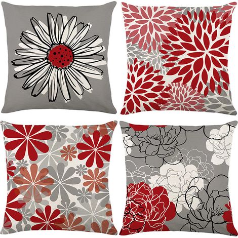 Housse de Coussin Rouge 45x45 Set de 4, Rouge et Gris Fleurs décoratives taies d'oreiller Moderne Marguerite Ferme Boho Housse de Coussin en Lin (1/5)