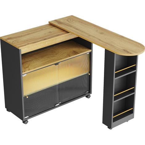 Table de bar extensible avec rangement intégré, LED et roulettes, MDF noir, 138-204×39×105 cm (1/5)