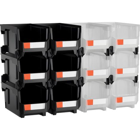 Bacs de rangement empilables plastique 12 pièces, 37,7 x 21,5 x 18 cm, conteneurs garage et bureau, accessoires noirs et (1/5)