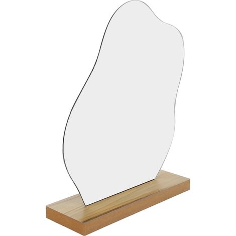 Miroir de maquillage de bureau en acrylique, esthétique, de forme irrégulière, portable et léger, avec base en bois. (1/5)