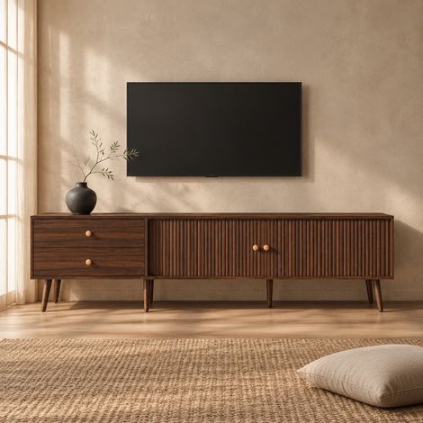 Mobile TV 180 x 40 x 46,5 cm con 2 cassetti e 2 ante a tamburo, finitura noce DESVIAE (1/5)