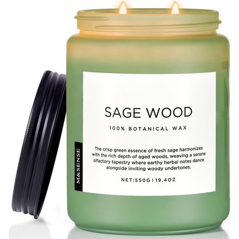 Grande bougie parfumée Sauge & Bois 550g cire de soja 110h durée de combustion