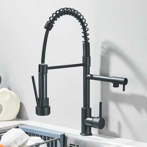 (Noir mat) Robinet d'évier à douchette extractible avec double bec et rotation à 360°. (1/2)