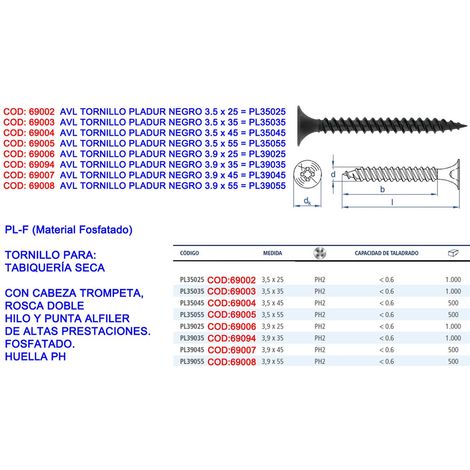 Vite Pladur Nera 3,5 x 25 AVL PL35025