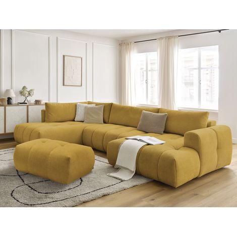 BOBOCHIC - Canapé panoramique convertible FUJI tissu lisse avec pouf Angle droit Jaune (1/5)